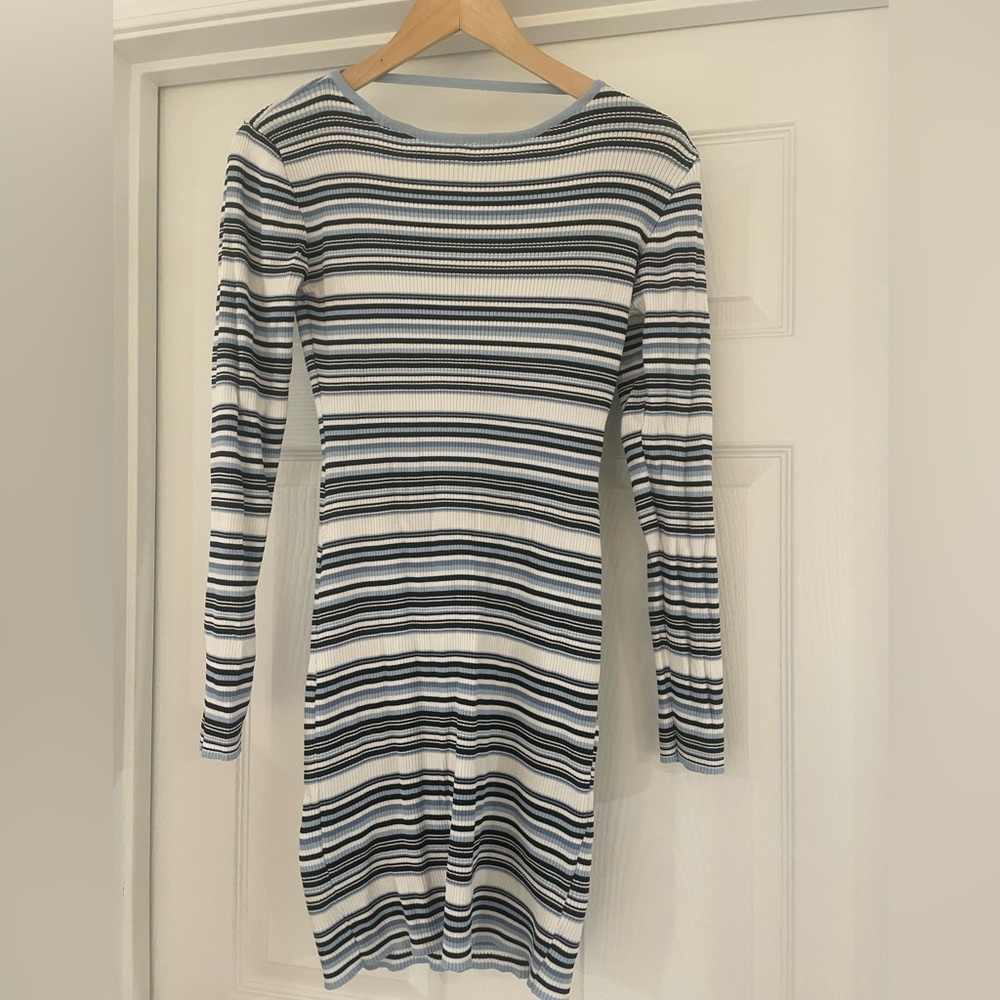 Lioness Bodycon Long Sleeve Open Back Striped Fitted Knit Mini Dress